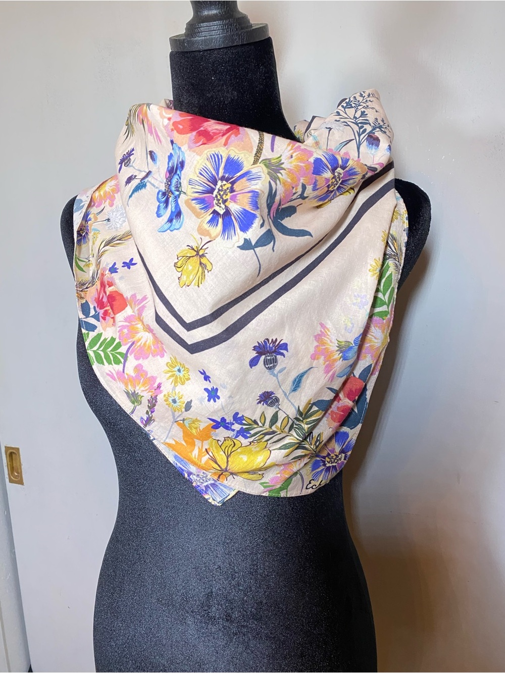 Floral Cotton-Blend Square Scarf in Cream and Multicolor